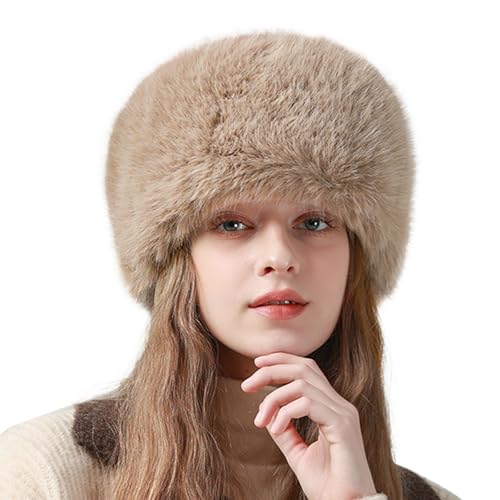 Peicees Winter Faux Fur Hat for Women Russian Style Ladies Ushanka Warm Fluffy Bucket Hat Fuzzy Furry Cap - color: Light Khaki