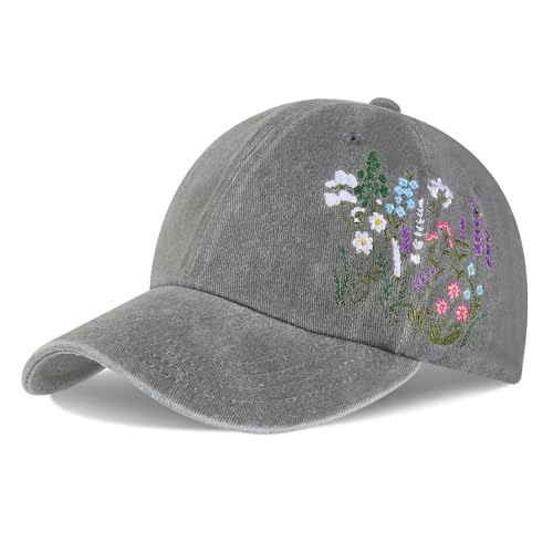 Trendy Handmade Embroidered Baseball Cap for Girls Women, Vintage Wash - style: Romantic Floral