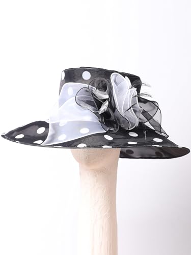 Organza Kentucky Dots Fascinator Hat for Women Ladies Wide Brim Big Sun Hats Wedding Church Hat Derby Cap - color: Black and White