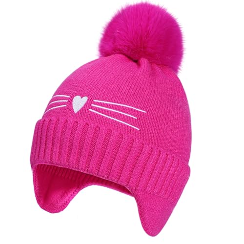 Girls Beanie Knit Hat with Ear Flaps Rainbow Cat Hats Toddler Kids Winter Outdoor Skull Snow Ski Cap Age 2-10 - color: Hot Pink, size: 2-4T