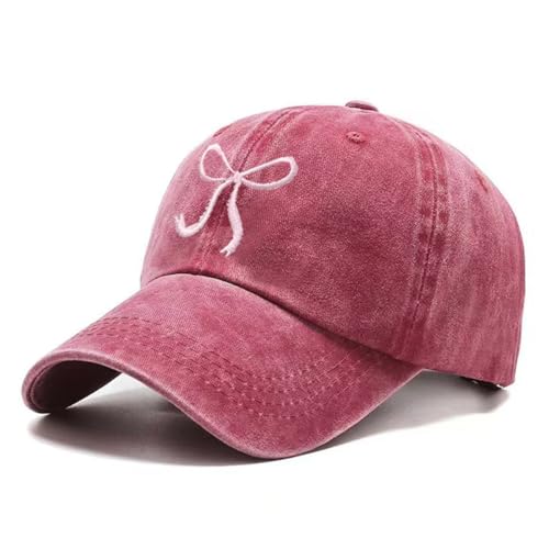 Bow-Tie Baseball Cap for Women Vintage Washed Cotton Adjustable Distressed Embroidered Dad Hat - color: Wine Red