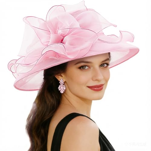 AQOKKA Women Organza Church Fascinators Kentucky Derby Hats for Women and Girls Wedding Flower Tea Party Hat with Wide Brim - color: Organza Big Bow : Pink
