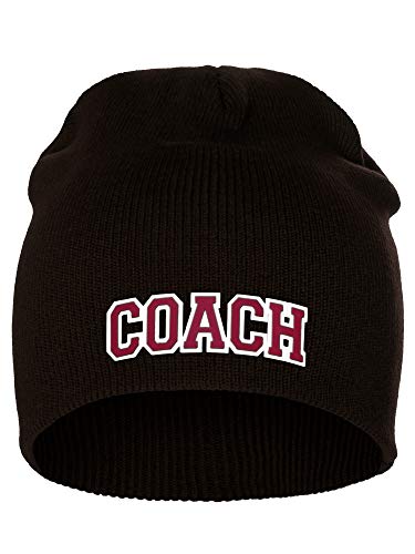 I&W Sports Team Coach Arch Letters Winter Knit Cuffless Beanie 3D Raised Layers - color: Brown Beanie White Red