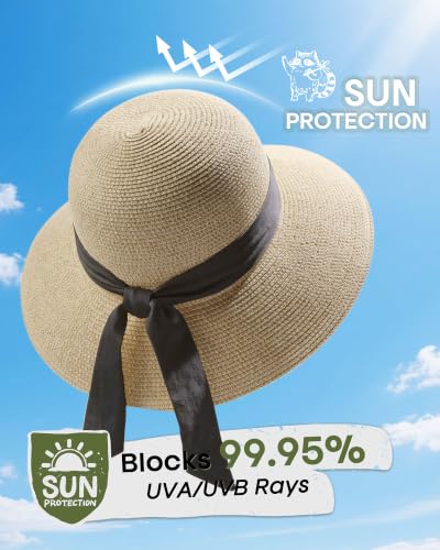 FURTALK Womens Beach Sun Straw Hat Wide Brim UV Protection Travel Hat - color: Mixed Beige, size: Medium-Large