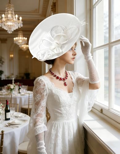 Unpifolov Fascinators Hats Elegant Women Flower Mesh Feathers Wedding Cocktail Bride Headband for Derby Hat Tea Party - color: White