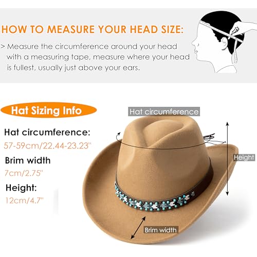 Western Cowboy Hat Felt Wide Brim Women Men Cowgirl Hats - color: X-beaded -Khaki