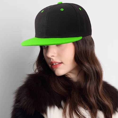 Snapback Hat Flat Bill Visor Hats Adjustable Hip Hop Baseball Cap for Women Men - color: Black Bright Green