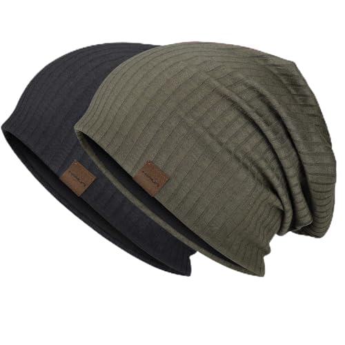 HAMUNI Slouchy Beanie for Men Women Soft Lightweight Chemo Headwear - color: Black+military Green