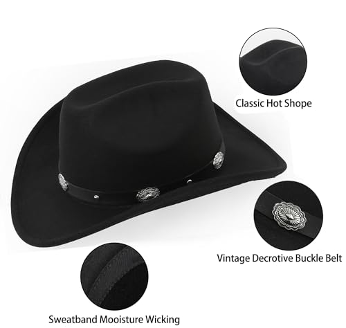 Classic-Western-Cowboy-Hat Upturn-Brim-Felt-Cowgirl-Hat Rodeo-Hat & Belt - color: Black 2