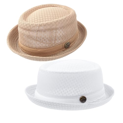 Summer Mesh Pork Pie Hat,Men Women Straw Fedora Cap,Lightweight Bowler Cap - color: White + Khaki