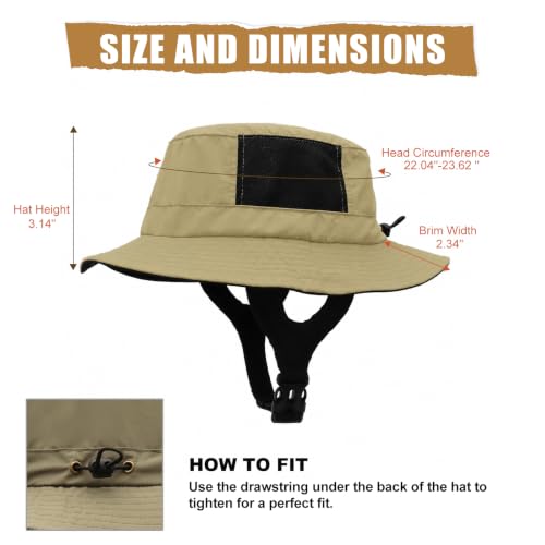 Surblue Surf Bucket Hat with Widened Chin Straps UPF 50+ Windproof Sun Hat Adjustable Packable Cap for Water Sports Surfing - color: Khaki