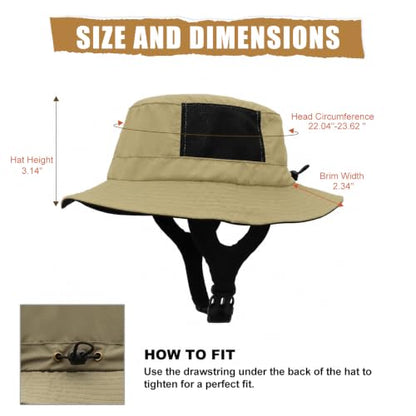 Surblue Surf Bucket Hat with Widened Chin Straps UPF 50+ Windproof Sun Hat Adjustable Packable Cap for Water Sports Surfing - color: Khaki