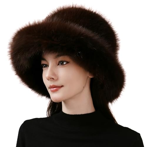 Dikoaina Faux Fur Bucket Hat for Women Girl – Oversized Brim, Super Soft & Fluffy Winter Hat - color: Brown