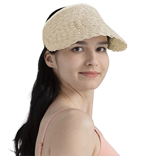SUN CUBE Women Sun Visor Hat, Straw Beach Hat Wide Brim UV Protection, Foldable Packable Cap, Roll Up Ponytail Summer Visor - color: Beige