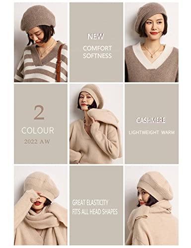 Cashmere Berets Hats Women Winter Warm Merino Wool Knitted Oversized Beige Beanie - color: Camel