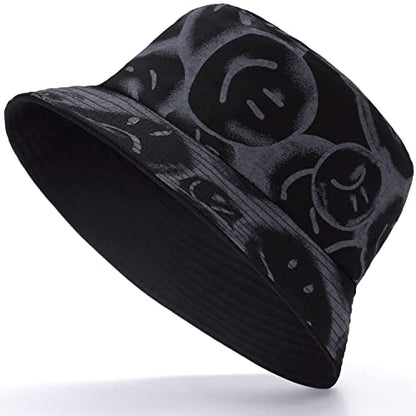 BYOS Summer Fashion Print Cotton Bucket Sun Hat for Men Women, Reversible Black - color: Artsy Emoji Black