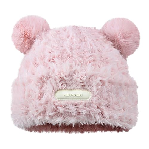 Cute Fuzzy Bear Ears Beanie Hat with Pompom Women's Furry Beanie - color: Pink