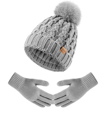 Women Winter Beanie Hat Gloves Set Pom Hat with Warm Fleece Lined Touchscreen Gloves for Cold Weather - color: Grey