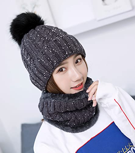 IYEBRAO Womens Winter Knit Beanie Hat and Scarf Set Girls Cute Slouchy Thick Fleece Lined Ski Hat Warm Skull Cap with Pom - color: Dark Grey