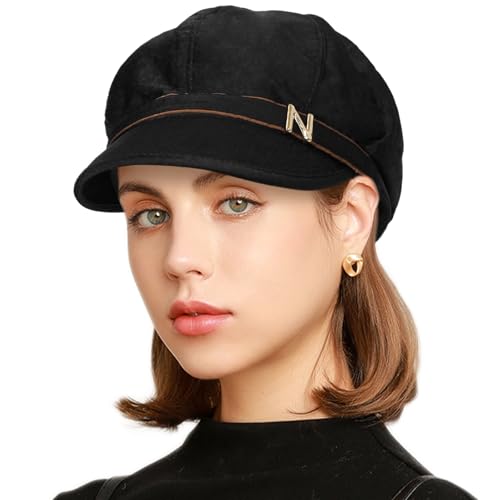 Women Retro Classic Visor Newsboy Cabbie Cap Beret Hats with Flower Buckle for Woman Ladies - color: 10black