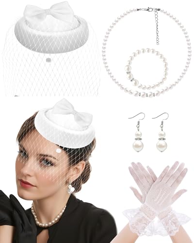 Pillbox Hat with Veil Vintage Fascinators for Women Tea Party Bridal Wedding Halloween First Communion Hats - color: Zz-white Set