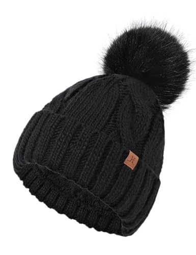 DS DADOU&XIAOSHAN Winter Hats for Women, Fleece Lined Beanie with Pom Pom, Girls Womens Knit Hat Beanies Toboggan - color: Black