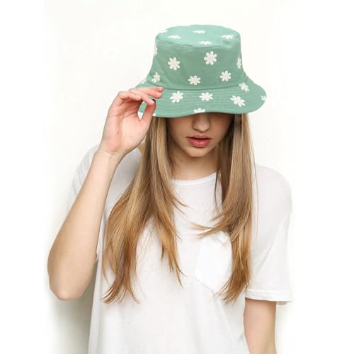 Bucket Hat for Women Men, Cotton Reversible Double Side Wear Sun Hats Beach Fisherman Hat - color: Flower Green