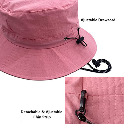 woogwin Waterproof Bucket Rain Hat with Chin Strap Quick Dry Packable Boonie Sun Hat Safari Hat UV Protection - color: Pink1