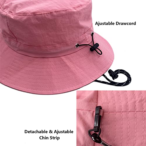 woogwin Waterproof Bucket Rain Hat with Chin Strap Quick Dry Packable Boonie Sun Hat Safari Hat UV Protection - color: Pink1