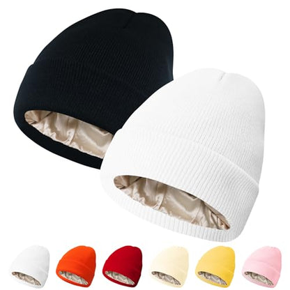 PFFY Womens Satin Lined Beanie Silk Lining Winter Hats Beanies for Women - color: Black+white