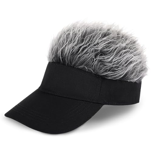 Adjustable Sun Visor Hat with Wig Spiked Hairs Fashion Baseball Golf Cap for Men & Women - color: Black+grey Hair