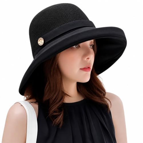 Women Wide Brim Sun Hats Metal Wired Edge Summer UV Protection Beach Fishing Hat for Hiking Garden Travel Chin Strap - color: B2-fyu001-black, size: One Size