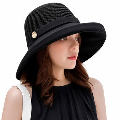 Women Wide Brim Sun Hats Metal Wired Edge Summer UV Protection Beach Fishing Hat for Hiking Garden Travel Chin Strap - color: B2-fyu001-black, size: One Size