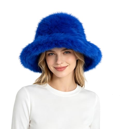 Lina & Lily Oversized Winter Faux Fur Bucket Hat for Women - Long Pile Fur Wide Moldable Brim - color: Royal Blue