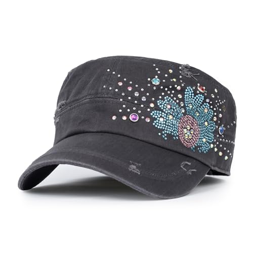 ililily Rhinestone Cotton Cadet Cap Vintage Distressed Cotton Military Army Hat - color: Charcoal-sunflower