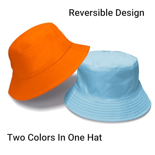 PFFY Reversible Bucket Hat for Women Men Cotton Sun Beach Fishing Cap - color: Orange/Sky(reversible)