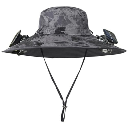 Men Women Wide Brim Sun Hats with 2 Solar Fan Waterproof Breathable Bucket Hat Outdoor Fishing Hat for Hiking Camping - color: Ink Dark Grey