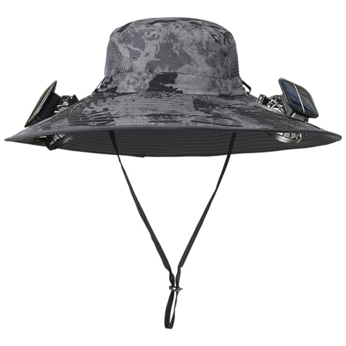 Men Women Wide Brim Sun Hats with 2 Solar Fan Waterproof Breathable Bucket Hat Outdoor Fishing Hat for Hiking Camping - color: Ink Dark Grey