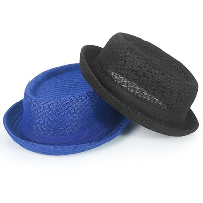 Luwint Cute Fedora Hat - Lightweight Breathable Mesh Crushable Roll Up Short Brim Bowler Derby Cap - color: Black & Blue