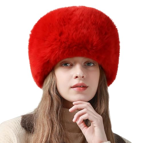 Peicees Winter Faux Fur Hat for Women Russian Style Ladies Ushanka Warm Fluffy Bucket Hat Fuzzy Furry Cap - color: Red