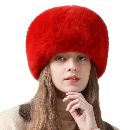 Peicees Winter Faux Fur Hat for Women Russian Style Ladies Ushanka Warm Fluffy Bucket Hat Fuzzy Furry Cap - color: Red