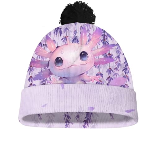 Girls Boys Winter Warm Knit Beanie Pompom Elasticity Slouchy Hat Skull Caps for Childrens - color: Lavender Axolotl