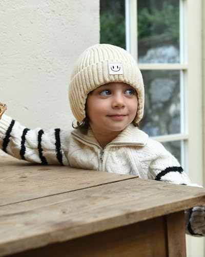 FURTALK Baby Beanie Toddler Winter Warm Hat Infant Soft Fleece Lined with Earflap Cute Knit Kids Caps - color: Beige+pink, size: 0-6 Months