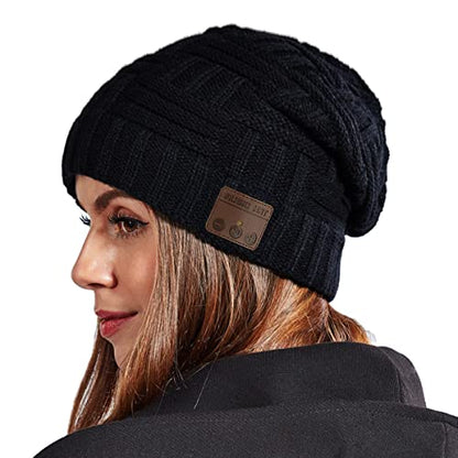 Wireless Beanie Hat for Men Women Wireless Music hat with Headphones Headset Speaker Mic Music Beanie Hat Unisex Knit Outdoor Sports Running Cap with Microphone Teens Tech Gifts - color: Black-01