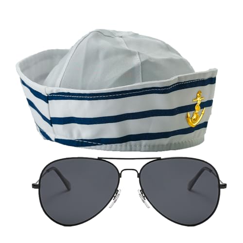 Sailor Hat Captain Navy Hat Adjustable Width Blue with White Sail Hats for Men Women Halloween Dressing Up Party Navy Costume Accessory