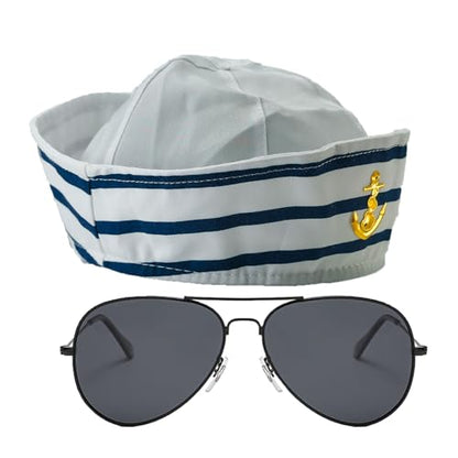 Sailor Hat Captain Navy Hat Adjustable Width Blue with White Sail Hats for Men Women Halloween Dressing Up Party Navy Costume Accessory