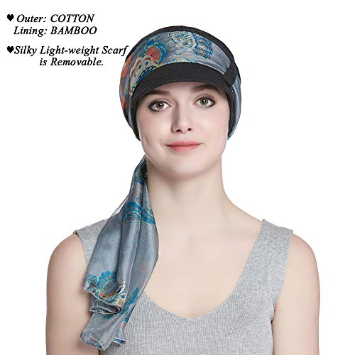 Alnorm Breathable Cotton Hat and Scarf Set Chemo Headwear for Women - color: Dark Gray Butterflies