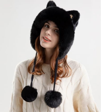 Outdoor Warm Earflap Beanie Hat with Brim Baseball Slouchy Knitted Visor Skull Caps for Women Men Black - color: Black