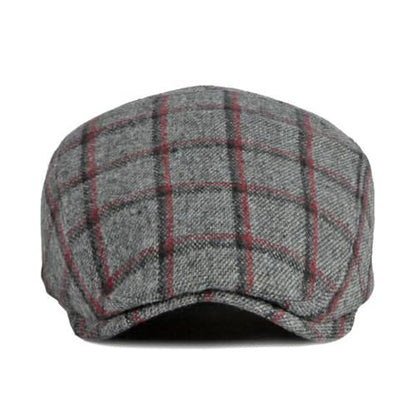 Newsboy Hat for Men Flat Cap Adjustable Tweed Ivy Gatsby Cabbie Hat - color: Grey-red Plaid