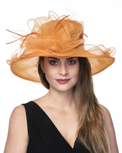 Haojing Women's Organza Church British Fascinator Bridal Tea Party Wedding Hat Summer Ruffles Cap - color: Hj23-orange
